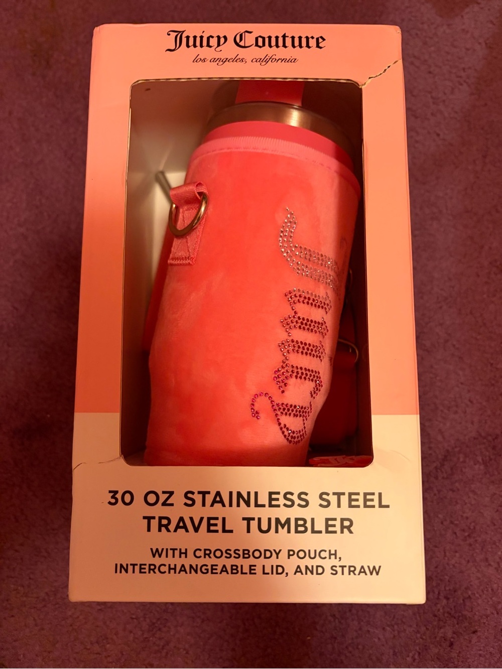 Juicy Couture Coral Pink Rhinestone Logo Travel Tumbler